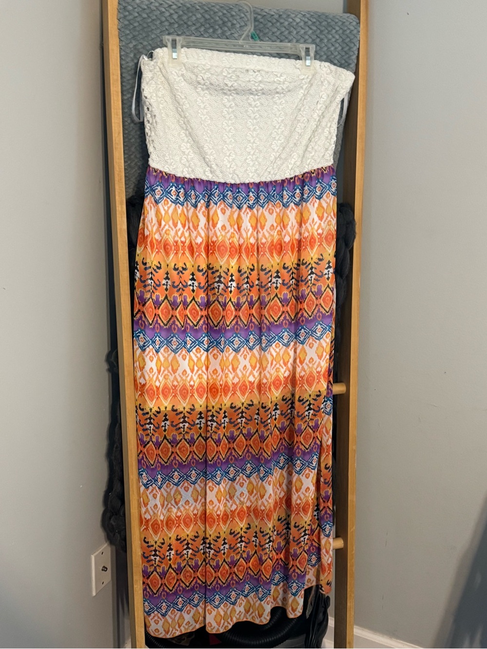 Strapless Crochet Top Maxi Dress with Orange Blue and Purple Pattern